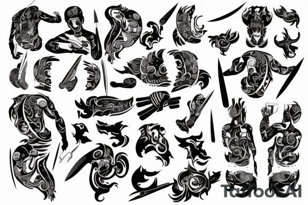 man with knifes in his back tattoo idea