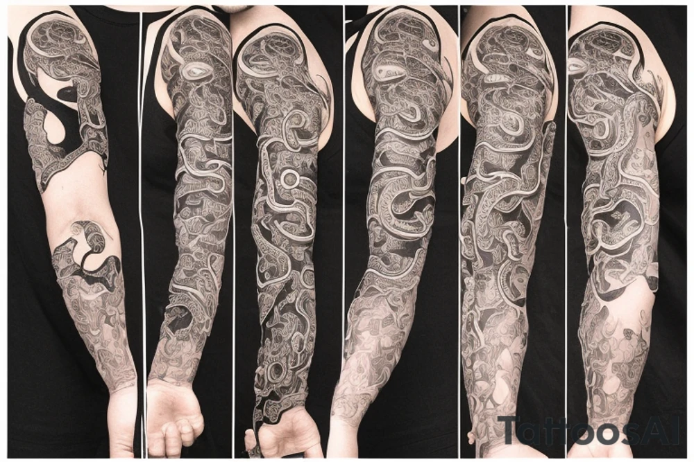 A sleeve where a snake is crawling down the arm. There's not much extra components, and the snake is in black and white, with some small orange/red accents tattoo idea