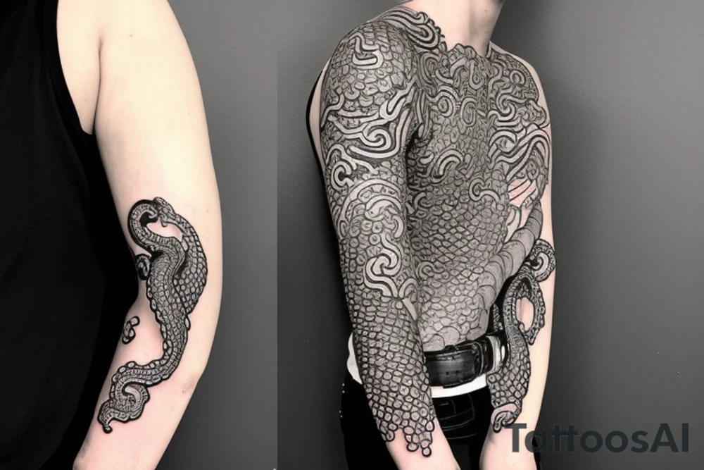 A sleeve where a snake is crawling down the arm. The snake is in black and white, with some small orange/red accents. Japanese Irezumi inspired. tattoo idea