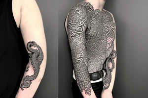 A sleeve where a snake is crawling down the arm. The snake is in black and white, with some small orange/red accents. Japanese Irezumi inspired. tattoo idea