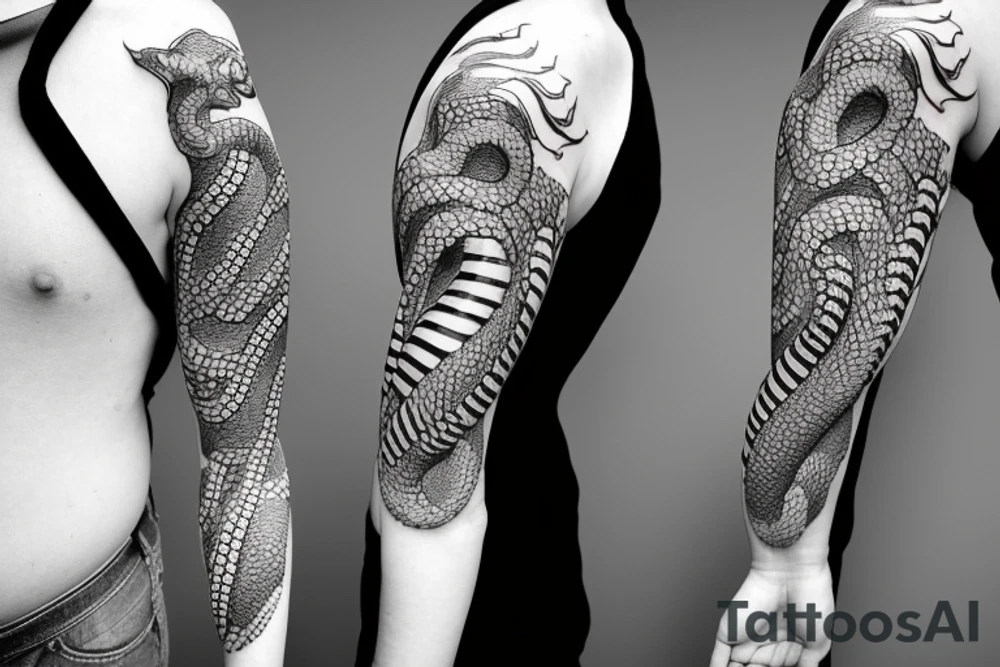 A sleeve where a snake is crawling down the arm. The snake is in black and white, with some small orange/red accents. Japanese Irezumi inspired. tattoo idea