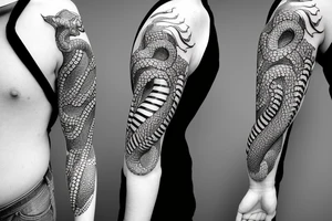 A sleeve where a snake is crawling down the arm. The snake is in black and white, with some small orange/red accents. Japanese Irezumi inspired. tattoo idea