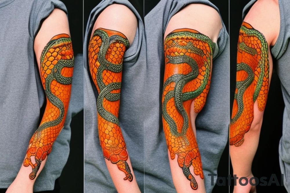A sleeve where a snake is crawling down the arm. The snake has orange accents. tattoo idea