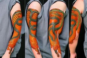 A sleeve where a snake is crawling down the arm. The snake has orange accents. tattoo idea