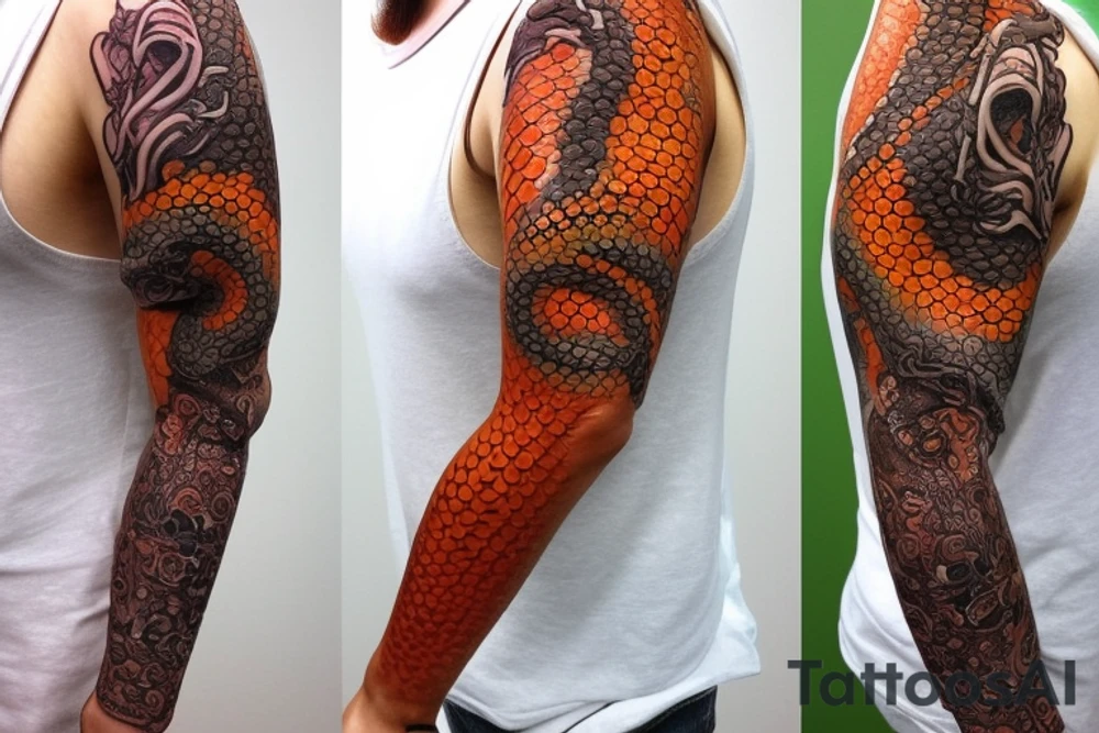 A sleeve where a snake is crawling down the arm. The snake has orange accents. tattoo idea
