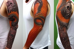 A sleeve where a snake is crawling down the arm. The snake has orange accents. tattoo idea
