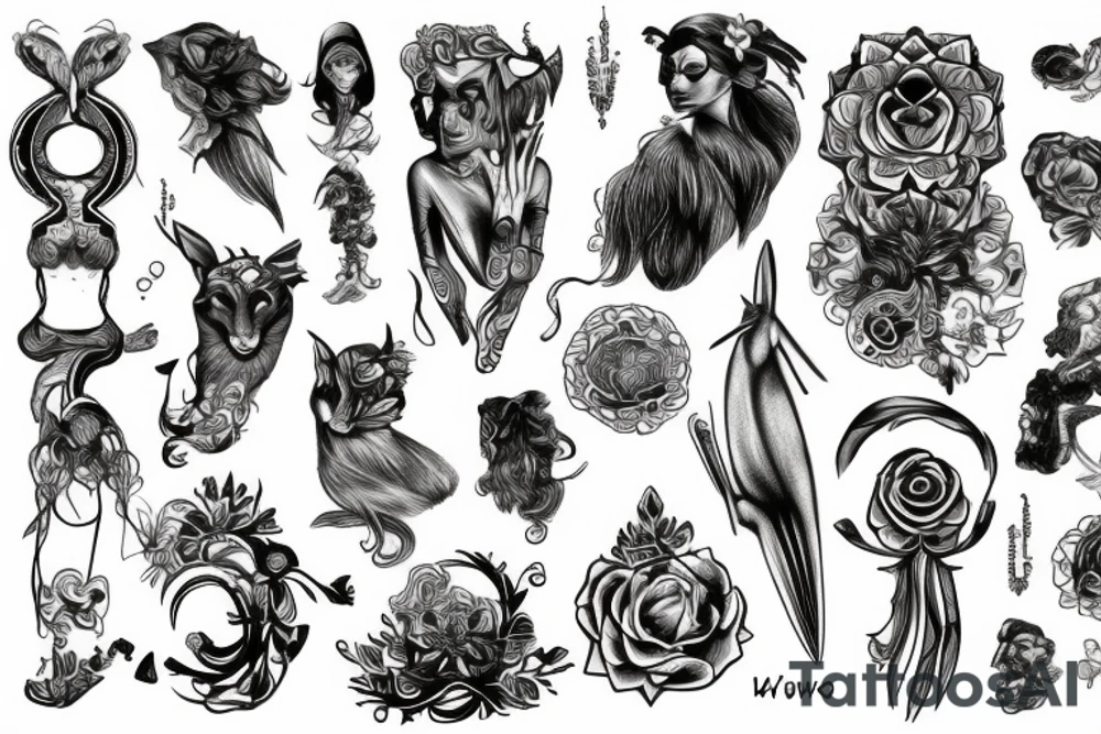mitologiczny wzór, kwiaty tattoo idea
