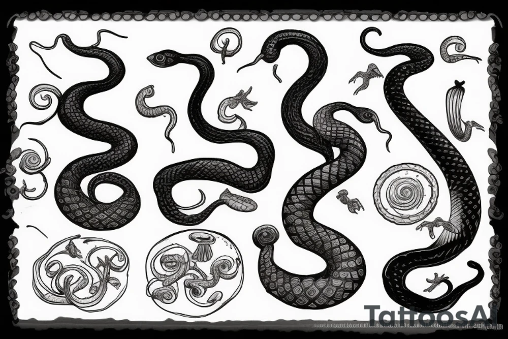 Black snake with mushrooms tattoo idea