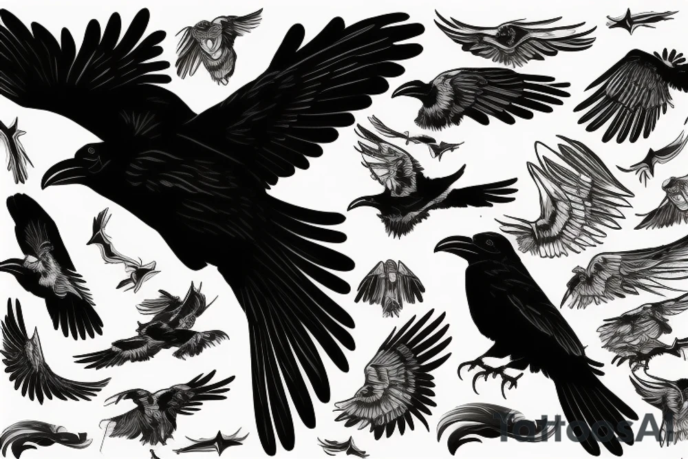 Flying raven from side on neck tattoo idea