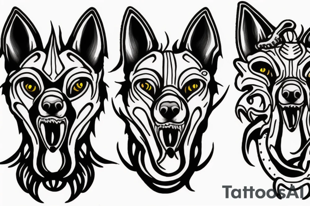 three-headed dog with the head of fenrir, anubis and cerberus tattoo idea