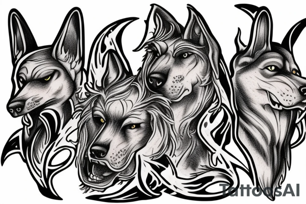 three-headed dog with the head of fenrir, anubis and cerberus tattoo idea