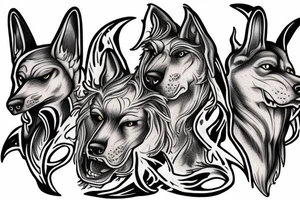 three-headed dog with the head of fenrir, anubis and cerberus tattoo idea