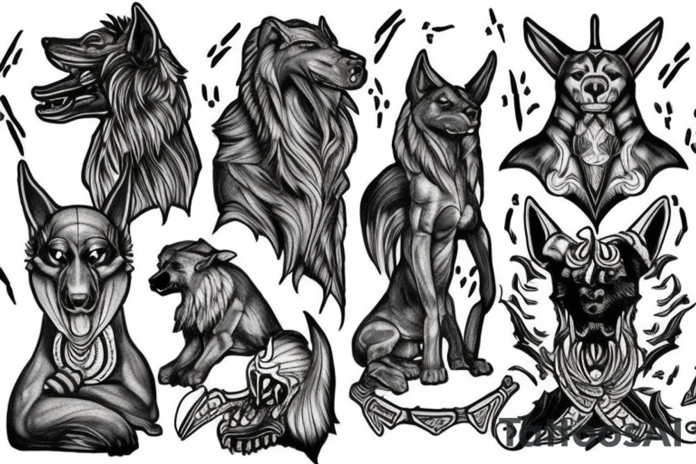 three-headed dog with the head of fenrir, anubis and cerberus tattoo idea