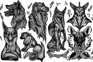 three-headed dog with the head of fenrir, anubis and cerberus tattoo idea
