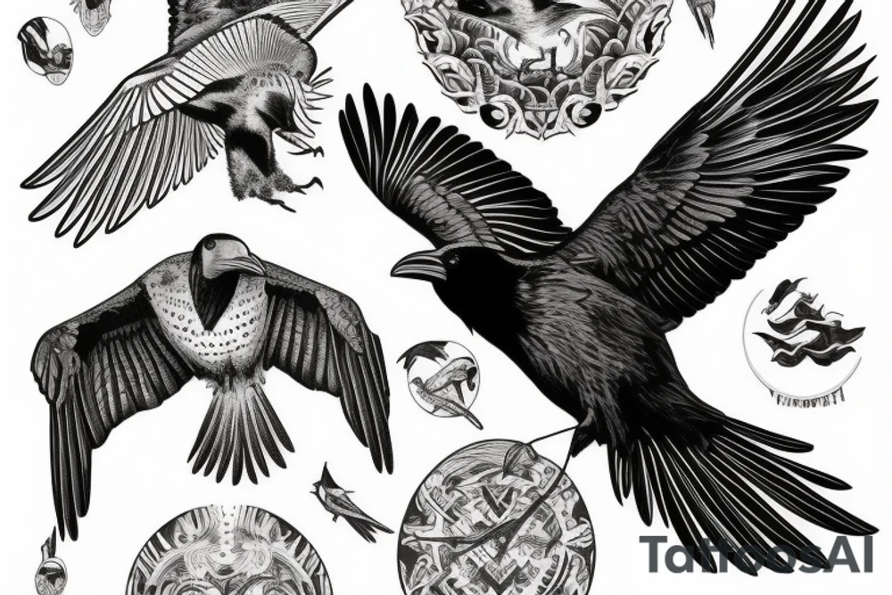 Flying raven from side on neck tattoo idea
