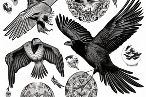 Flying raven from side on neck tattoo idea
