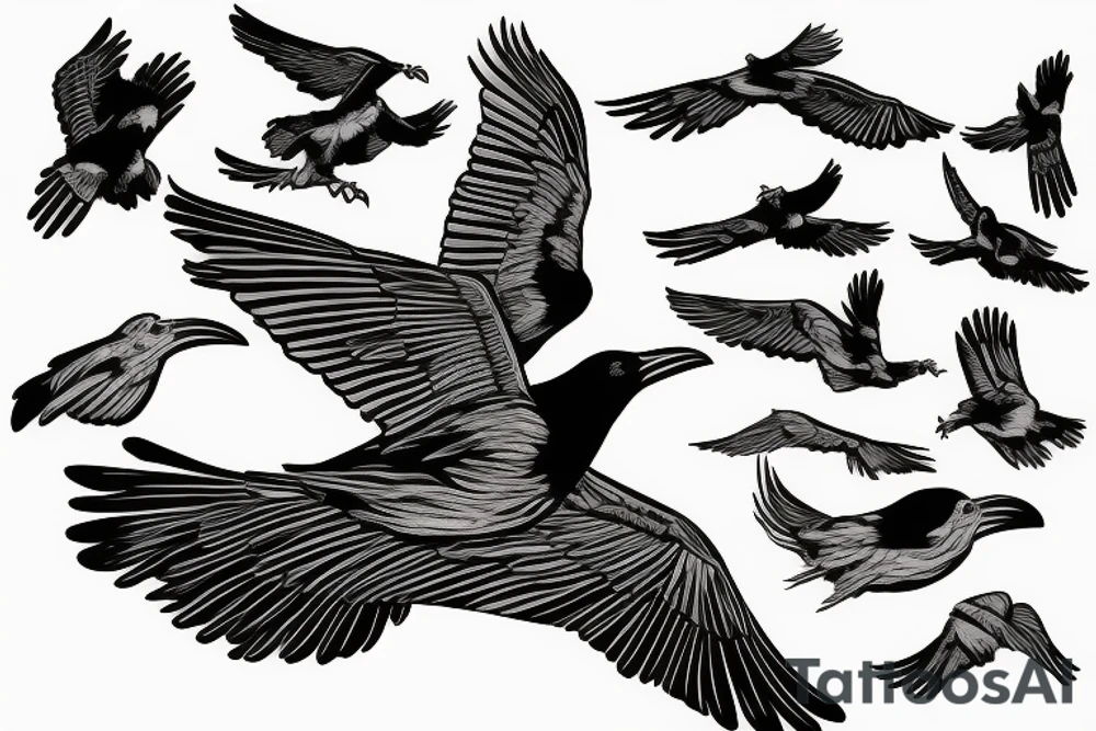 Flying raven from side on neck tattoo idea