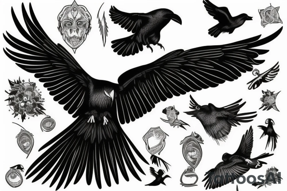Flying raven from side on neck tattoo idea