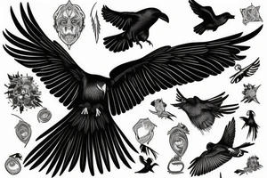 Flying raven from side on neck tattoo idea