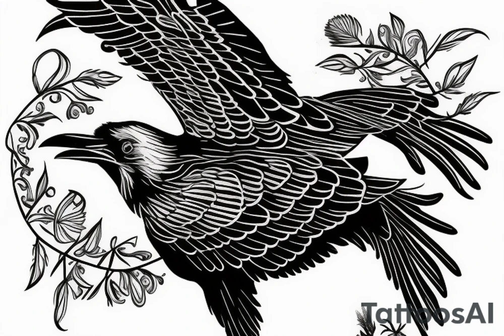 Flying raven from side on neck tattoo idea