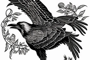 Flying raven from side on neck tattoo idea