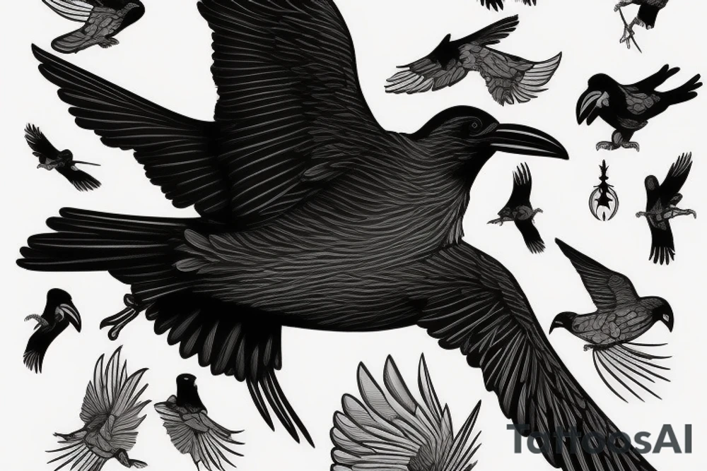 Flying raven from side on neck tattoo idea
