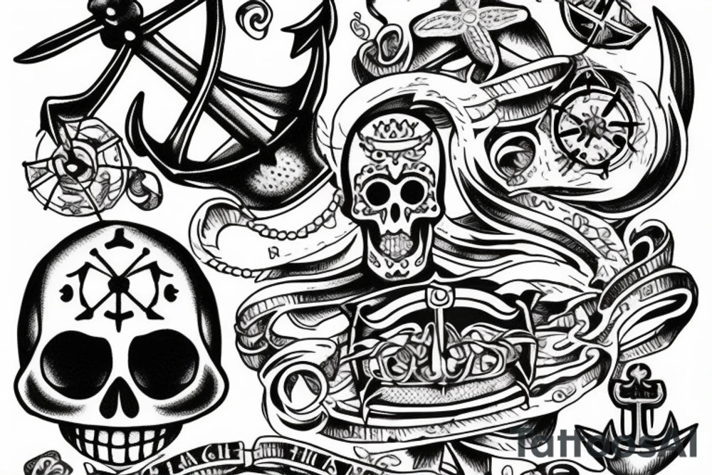 sailing theme, anchor, skulls tattoo idea