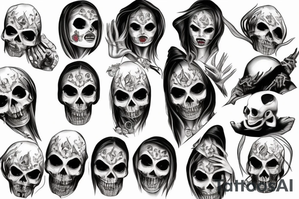 Nun with a flames and skull and demonic eye tattoo idea