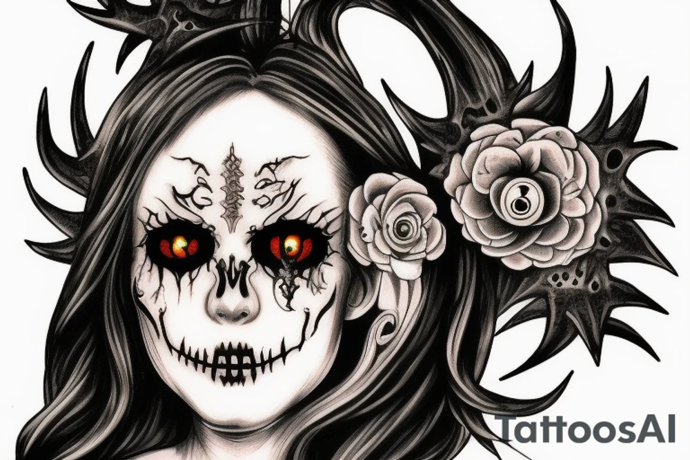 Nun with a flames and skull and demonic eye tattoo idea
