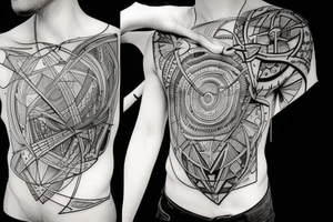 I want to have a tattoo in concept art style, where will be a black hole, some byte code, some strips, something related to physics and drawing tattoo idea