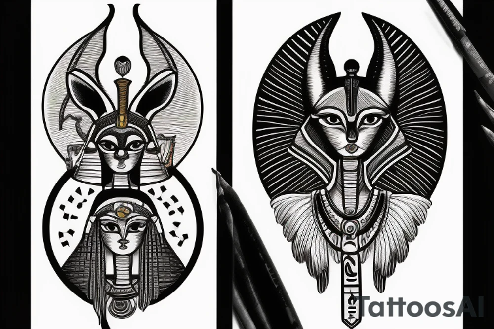 Anubis and Bastet with the eye of horus and the sphinx as background tattoo idea