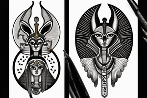 Anubis and Bastet with the eye of horus and the sphinx as background tattoo idea