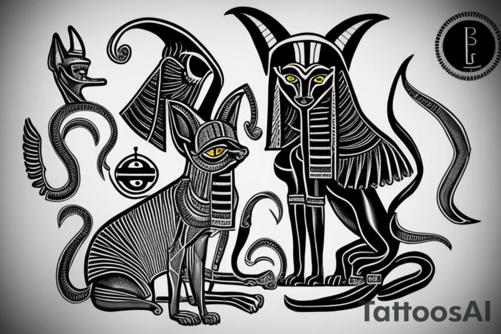 Anubis and Bastet with the eye of horus and the sphinx as background tattoo idea
