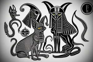 Anubis and Bastet with the eye of horus and the sphinx as background tattoo idea
