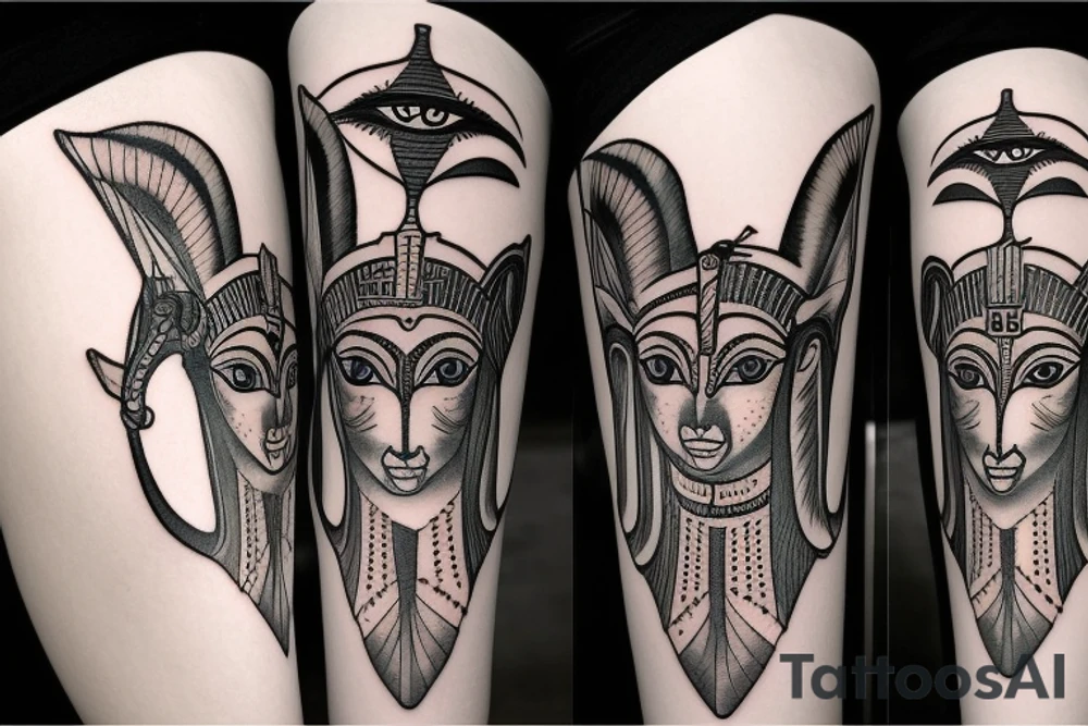 Anubis and Bastet with the eye of horus and the sphinx as background tattoo idea