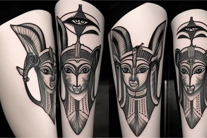 Anubis and Bastet with the eye of horus and the sphinx as background tattoo idea