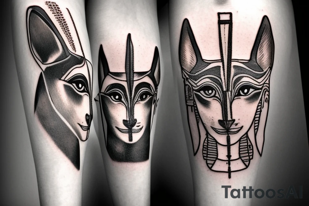 Anubis and Bastet with the eye of horus and the sphinx as background tattoo idea