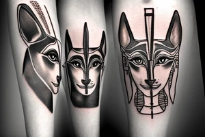 Anubis and Bastet with the eye of horus and the sphinx as background tattoo idea