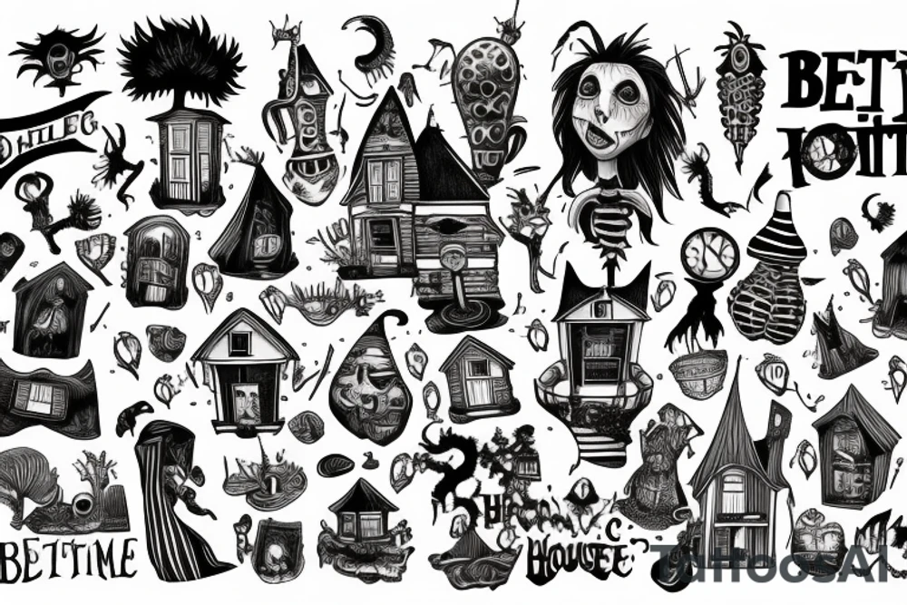 Beetlejuice house on the hill with graves tattoo idea