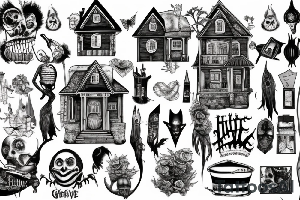 Beetlejuice house on the hill with graves tattoo idea