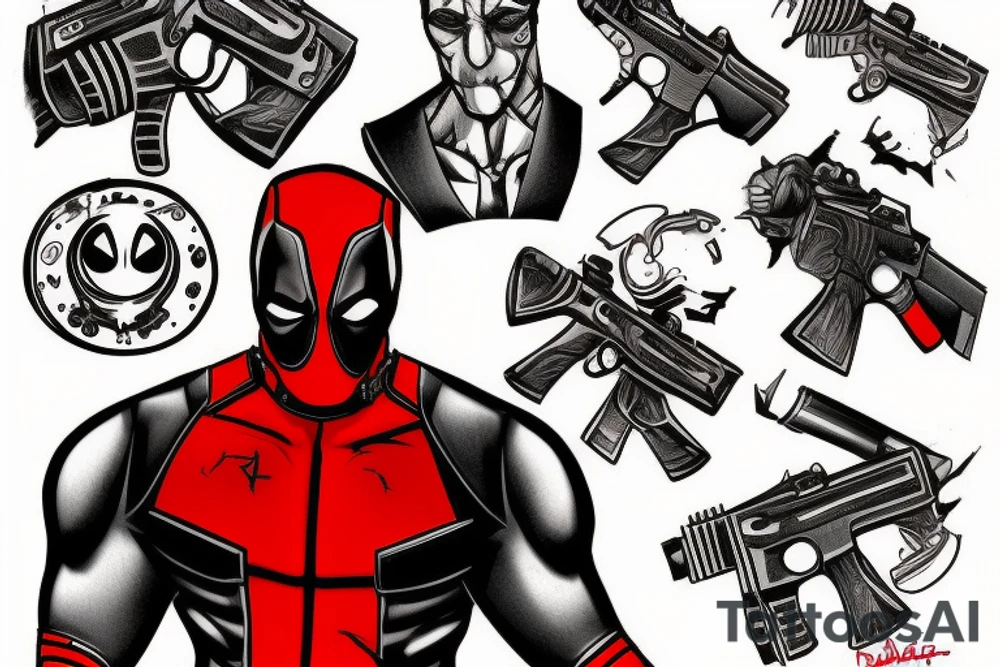Deadpool with crossed guns tattoo idea