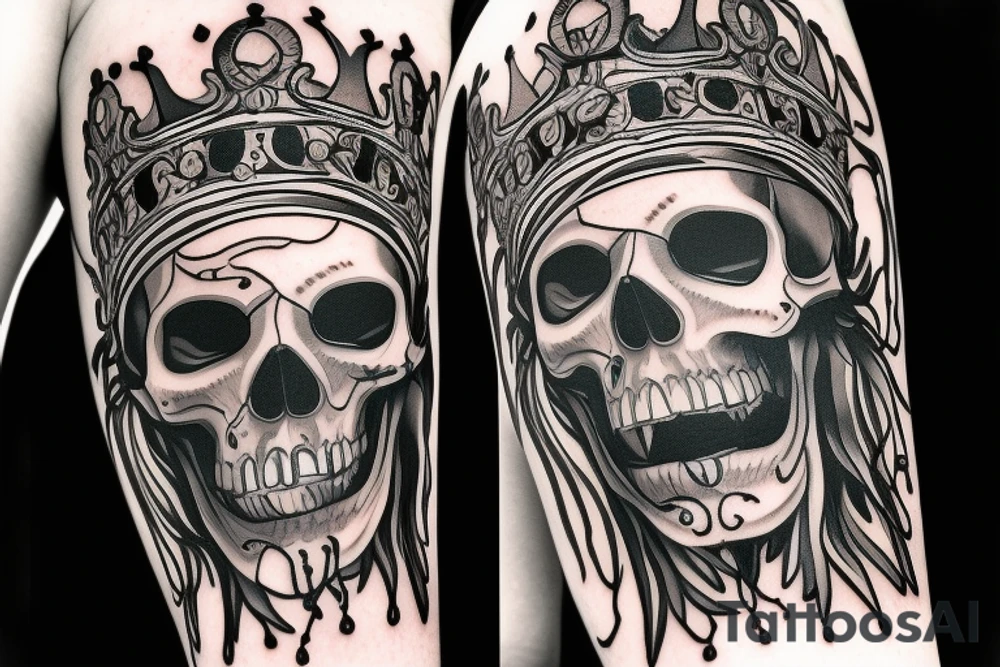 Male Skull with crown and drum stick going though the eye holes tattoo idea
