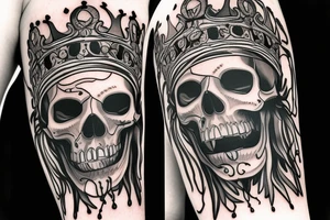 Male Skull with crown and drum stick going though the eye holes tattoo idea