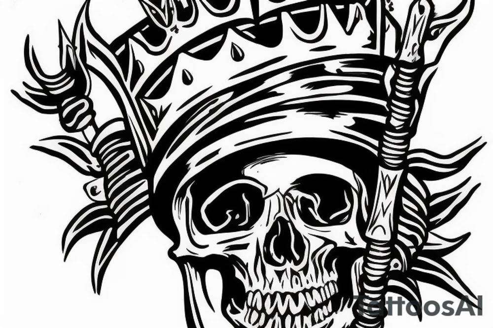 Male Skull with crown and drum stick going though the eye holes tattoo idea