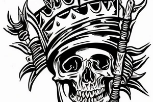Male Skull with crown and drum stick going though the eye holes tattoo idea