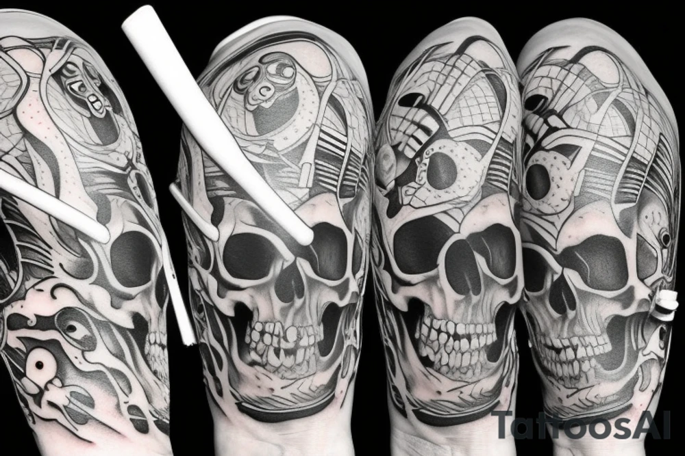 Male Skull with drumsticks going through the eye holes tattoo idea