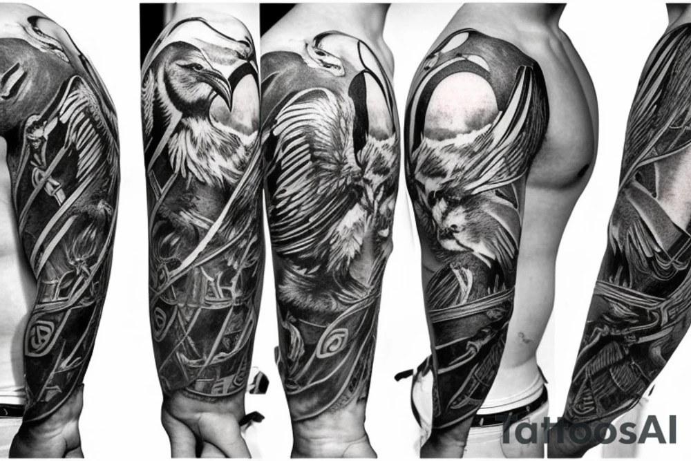 Viking, ship, raven, odin, sleeve tattoo idea