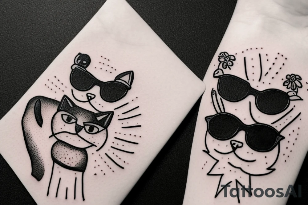 Cat with sunglasses en cactus in the hand tattoo idea