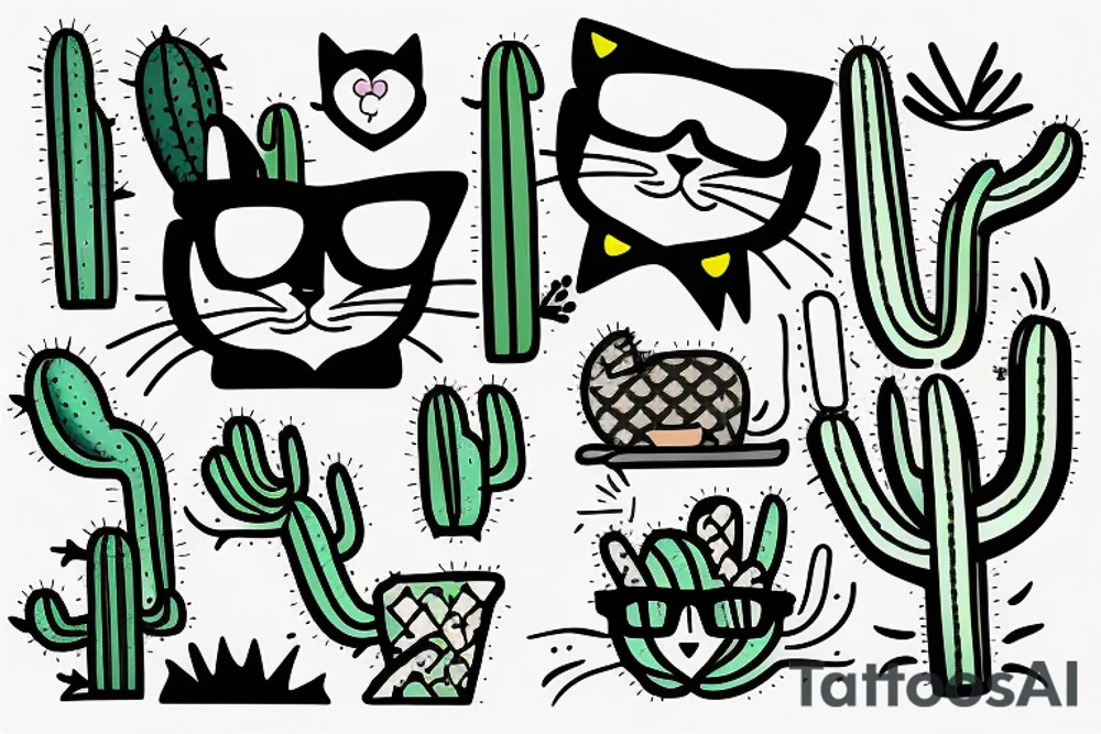Cat with sunglasses en cactus in the hand tattoo idea