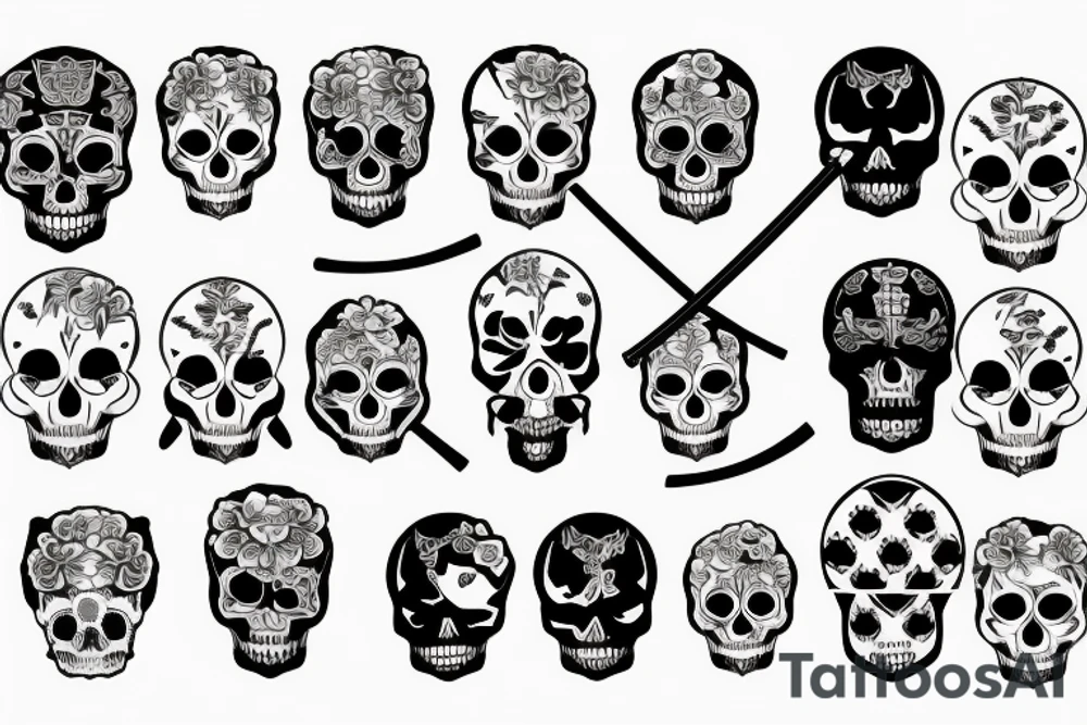 skull with katana, flowers and japanese symbols tattoo idea